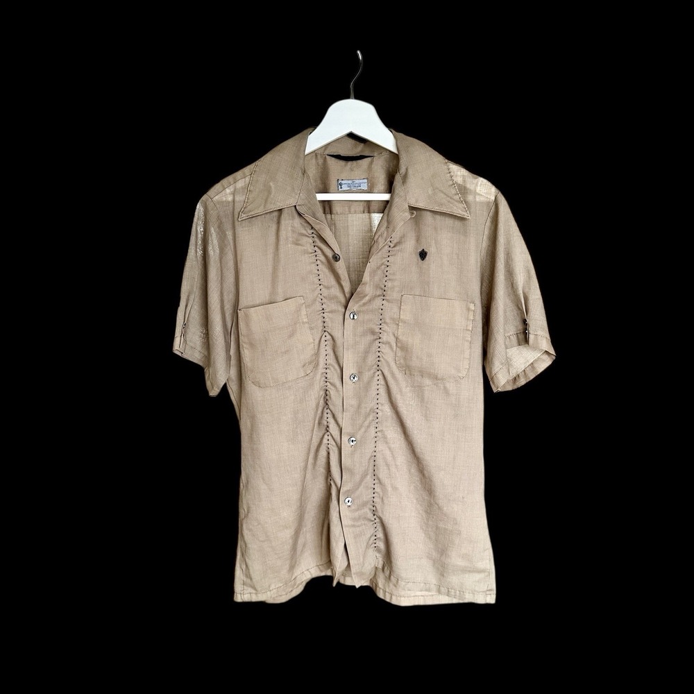 Vintage 60's Short Sleeve Button Up Shirt Sz M/L Lightweight Beige Sheer Pockets